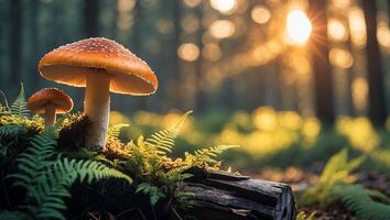 Mushroom Growing in Forest During Sunny Day with Fern Plants photo