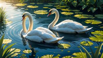 Two White Swans Swimming in Pond with Lily Pads and Reflections photo