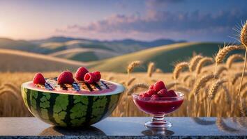 Watermelon and Raspberry Delight on Granite Surface with Wheat Field photo