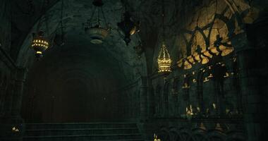 CGI Exploring the ancient stone chamber illuminated by ornate lanterns video