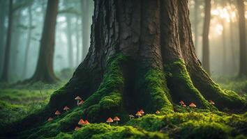 Trunk Covered in Moss with Mushrooms in a Misty Forest photo