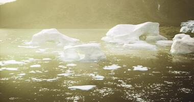 CGI Icebergs float serenely in a glacial lake during quiet afternoon light video