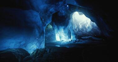 CGI Stunning blue ice cave illuminated by natural light in glacier region video