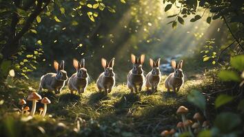 Group of Rabbits Walking Through Sunlit Forest with Mushrooms photo