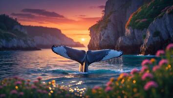 Whale Tail Rising in Ocean During Sunset with Coastal Scenery photo