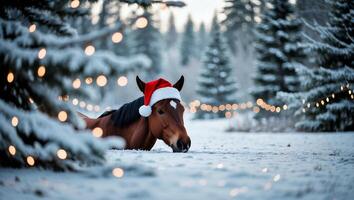 Horse Resting in Snow Wearing Santa Hat with Festive Lights photo