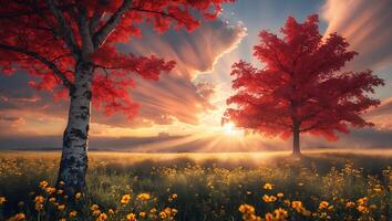 Red Leaf Tree at Sunset in Flower Field with Glowing Sky photo