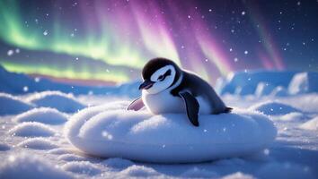 Resting Penguin on Snow with Northern Lights Above Peaceful Scene photo