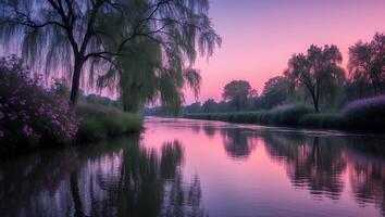 Calm River Flowing Through Nature with Colorful Sunset Reflection photo