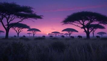 Elephants Walking Through Savannah at Twilight with Trees and Birds photo