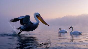 Pelican Launching From Water with Swans in Misty Morning Light photo