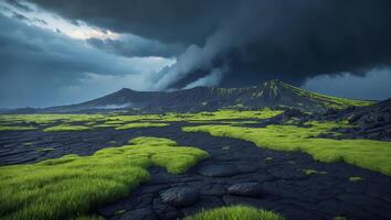 Dramatic Landscape with Lava Field and Green Grass Under Cloudy Skies photo
