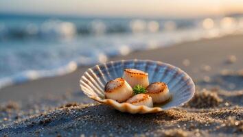 Seared Scallops Served in Seashell on Sandy Beach at Sunset photo