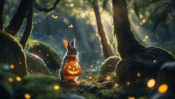 Rabbit Holding Glowing Pumpkin in Magical Forest with Fireflies photo