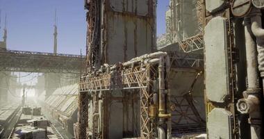 CGI Industrial structures under clear blue sky in an abandoned futuristic setting video