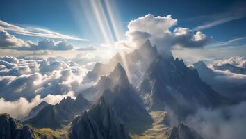 Majestic Mountain Peaks Rising Above Clouds with Sun Rays Streaming Down photo