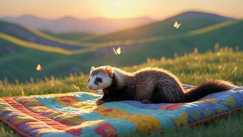 Ferret Relaxing Outdoors on Quilt at Sunset in a Grassy Field photo