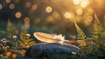 Feather Resting on Stone in Golden Light Serene Nature Scene photo