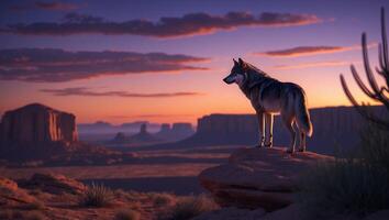Wolf Standing on Rock at Sunset in Desert Landscape Scene photo