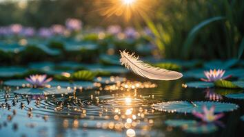 Feather Floating Over Water Lily Pond in Golden Sunlight Creating Ripples photo