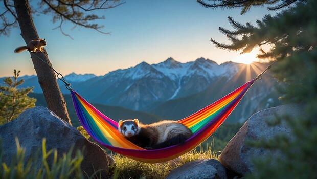 Ferret Relaxing in Hammock with Mountain View and Squirrel photo