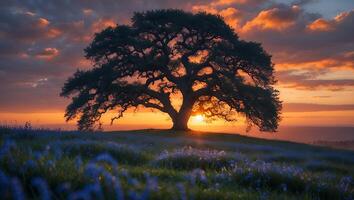 Lone Tree Silhouette on Hillside at Sunset with Colorful Floral Meadow photo