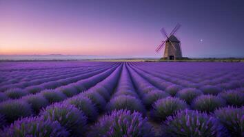 Lavender Field and Windmill at Dusk Serene Rural Landscape photo