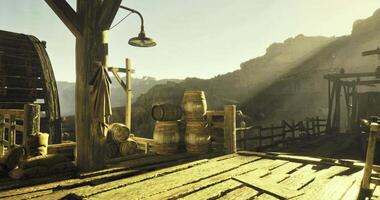 CGI Sunlight beams illuminate rustic wooden structure in a desert landscape video