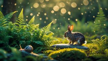 Small Rabbit Standing on Stone in Ferns with Bokeh Lighting photo