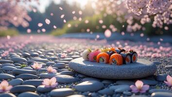 Sushi Rolls on Stone with Cherry Blossoms and Petals Falling photo