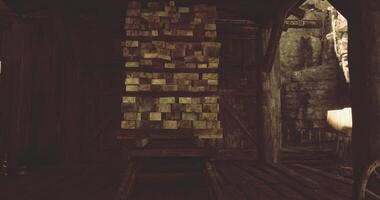 CGI Weathered wooden structure showcasing stacks of logs in a rustic setting video