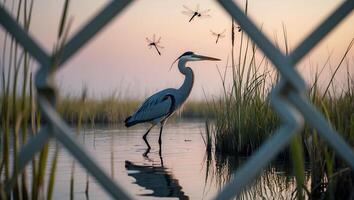 Heron Wading in Marsh Water with Dragonflies at Dusk photo