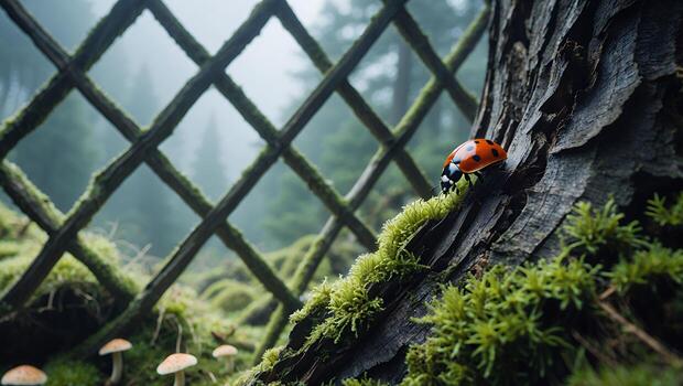 Ladybug Crawling on Mossy Tree Trunk in Misty Forest photo