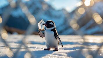 Penguin Holding Crystal Standing on Snow in Winter Landscape photo