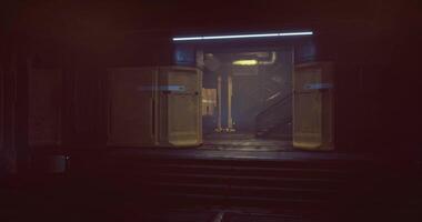 CGI Dimly lit corridor with futuristic doors and stairs in an urban setting video