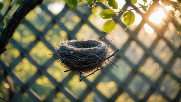 Empty Bird Nest on Branch with Woven Fence and Sunlight photo
