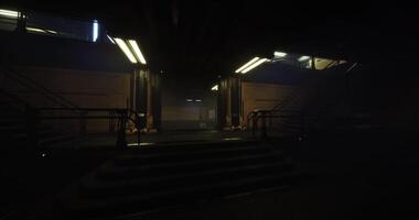 CGI Dark corridor leading to illuminated entryway in futuristic setting video