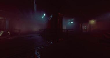 CGI Dark and atmospheric interior of an industrial space with glowing lights video