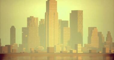 CGI City skyline illuminated by golden hour light with reflections on the water video