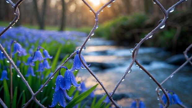 Bluebells Bloom Near Water Stream with Dew Drops on Wire photo
