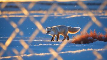 Fox Walking in Snowy Field with Fence at Sunset Beautiful Light photo