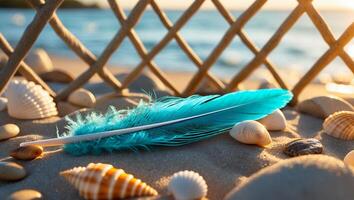 Turquoise Feather and Seashells Lying on Beach Sand at Sunrise photo