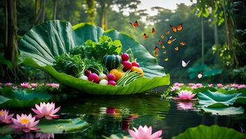 Vegetables on Leaf Floating Among Lotus Flowers with Butterflies Flying photo