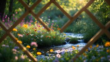 Viewing Wildflowers and Creek Through Wood Frame on Summer Day photo