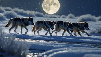 Wolves Walking Through Snow Under Full Moon in Winter Landscape photo