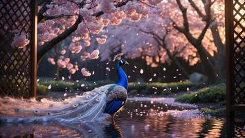 Peacock Standing in Water with Cherry Blossoms and Falling Petals photo