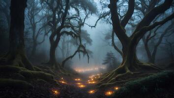 Glowing Lights Guide Path Through Misty and Mysterious Enchanting Forest photo
