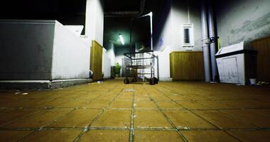 CGI Empty hallway in a dimly lit laundry area with a shopping cart video