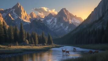 Deer Grazing by Calm River with Mountain Backdrop at Sunset photo