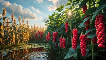 Cornfield and Redcurrant Bushes Reflecting in Water at Golden Hour photo